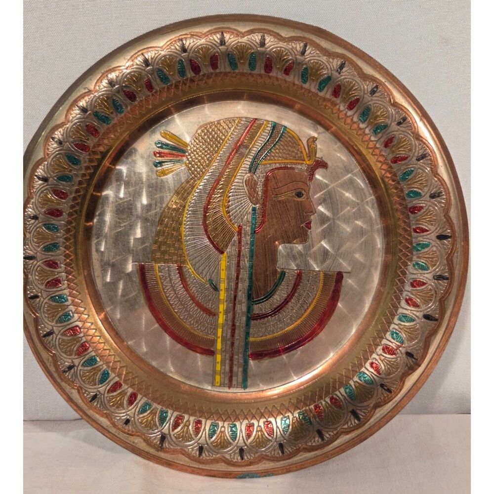 Vintage Egyptian Copper Wall Plate Enamel Cleopatra Pharaoh Decor